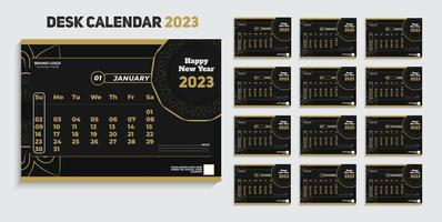 download gratuito di elegante calendario da tavolo in oro nero scuro 2023 modello di progettazione vettore