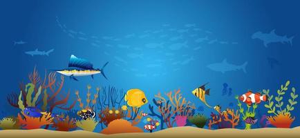 barriera corallina con pesci sott'acqua su uno sfondo blu del mare. vettore