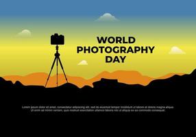 poster banner della giornata mondiale della fotografia il 19 agosto con fotocamera treppiede su sfondo tramonto. vettore