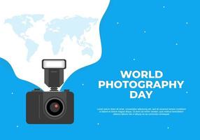 poster banner della giornata mondiale della fotografia il 19 agosto con fotocamera moderna e mappa del mondo su sfondo blu. vettore