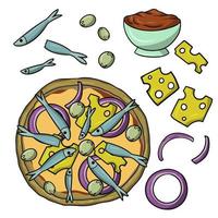 pizza con pesce, un set di icone per creare pizza con acciughe, illustrazione vettoriale in stile cartone animato su sfondo bianco