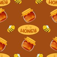 modello senza cuciture con vasetto di miele e api, logo per la produzione di miele, modello per il confezionamento di prodotti a base di miele vettore