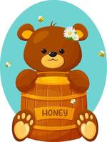 cartone animato orso con botte di miele e api. simpatico orsacchiotto con miele. perfetto per prodotti per bambini vettore