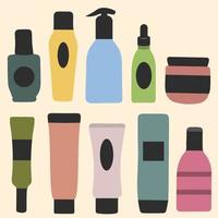 contenitori cosmetici di diverse forme per crema, lozione, shampoo, gel, balsamo, balsamo, spray. illustrazione vettoriale dei cartoni animati.