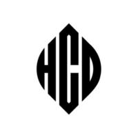 design del logo della lettera del cerchio hcd con forma circolare ed ellittica. lettere di ellisse hcd con stile tipografico. le tre iniziali formano un logo circolare. vettore del segno della lettera del monogramma astratto dell'emblema del cerchio hcd.