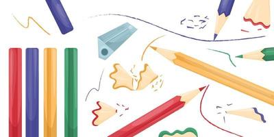 composizione da cartone animato con matite colorate e temperino sparsi con trucioli e tratti di matita. illustrazione vettoriale concetto di caos creativo