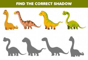 gioco educativo per bambini trova il set di ombre corretto del dinosauro a collo lungo preistorico simpatico cartone animato vettore