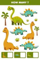 gioco educativo per bambini attività di ricerca e conteggio per la scuola materna quanti cartoni animati dinosauro preistorico brontosauro stegosauro ultrasauro vettore