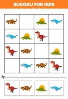 Gioco educativo per bambini sudoku per bambini con simpatico cartone animato dinosauro preistorico ankylosaurus dimetrodon mosasaurus tyrannosaurus immagine vettore