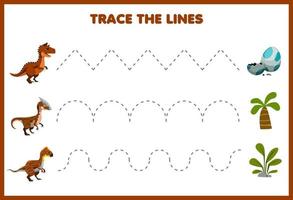 gioco educativo per bambini pratica della scrittura a mano traccia le linee muovi simpatico cartone animato dinosauro marrone preistorico vettore