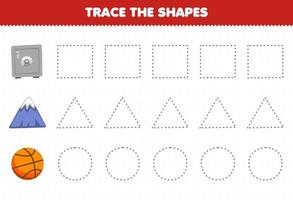 gioco educativo per bambini traccia le forme quadrato cassetta di sicurezza triangolo montagna cerchio basket ball stampabile foglio di lavoro vettore