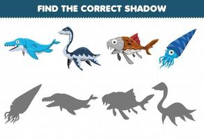 gioco educativo per bambini trova il set di ombre corretto del dinosauro acquatico preistorico simpatico cartone animato vettore