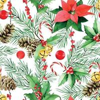 modello senza cuciture dell'acquerello sul tema del natale, capodanno. stampa vintage con rami di abete, poinzeta, pigne, dolci su sfondo bianco vettore