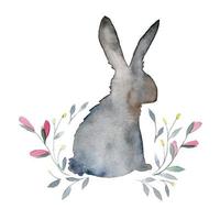 disegno ad acquerello di fiori e foglie di lepre, coniglio e primavera. sagoma di un coniglietto di pasqua con boccioli di fiori roch e foglie. stile boho, natura. vettore
