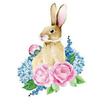disegno ad acquerello. simpatico coniglietto pasquale con fiori. decorazione per biglietto di auguri, composizione coniglietto pasquale con fiori di peonia rosa e ortensia blu vettore