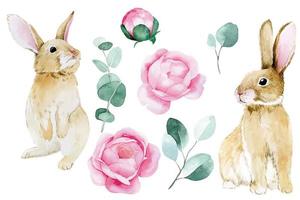 disegno ad acquerello. insieme di elementi per pasqua. simpatici coniglietti pasquali, fiori di rosa rosa e foglie di eucalipto. vettore
