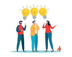 persone che fanno brainstorming per nuove idee, idee di business creative con lampadine. concetto di soluzione aziendale. illustrazione vettoriale cartone animato piatto