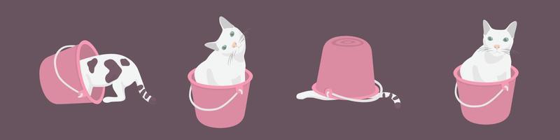 quattro gatto grasso confuso nel fondo del secchio rosa vettore