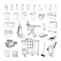 illustrazioni di attrezzature per la pulizia in stile inchiostro artistico vettore