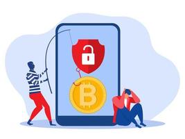 cyber hacker che pesca bitcoin da un illustratore vettoriale del concetto di attacco del telefono cellulare.