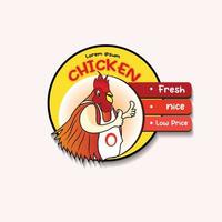 marchio di cibo con logo di pollo vettoriale, personaggio di pollo dei cartoni animati vettore