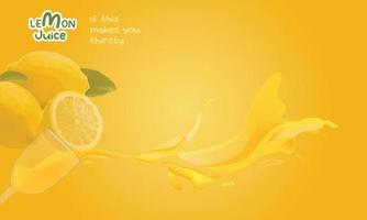 sfondo vettoriale di succo di limone, banner alimentare giallo, frutta gialla dolce.