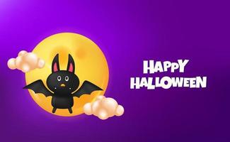 simpatico personaggio 3d pipistrello con luna piena con sfondo viola per banner festa di halloween vettore