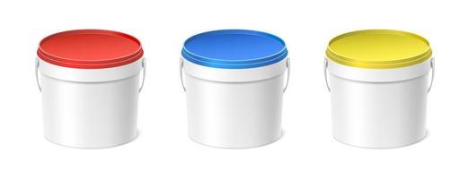 Set di icone vettoriali realistiche 3d. secchio di plastica per pittura con manico con coperchio rosso, blu e giallo. isolato su sfondo bianco. vista dall'alto.