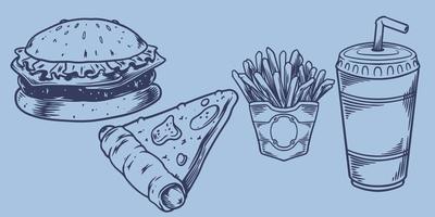 fast food di disegno a mano di hamburger, pizza, patatine fritte, bibita analcolica vettore