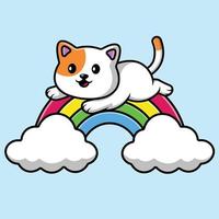 simpatico gatto che salta sull'illustrazione dell'icona di vettore del fumetto arcobaleno. concetto di cartone animato piatto di natura animale