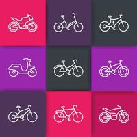 icone della linea di biciclette, ciclismo, bici, motocicletta, motocicletta, bici grassa, scooter, bici retrò, bici elettrica, icone sui quadrati di colore, illustrazione vettoriale