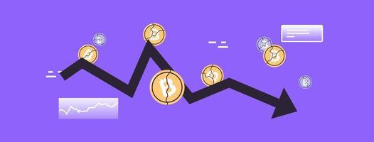 freccia verso il basso della criptovaluta e crollo del prezzo del bitcoin crollo della criptovaluta crisi del rischio di investimento illustrazione vettoriale piatta.