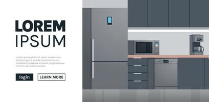 interno moderno della cucina senza persone ed elettrodomestici web homepage design piatto illustrazione. vettore