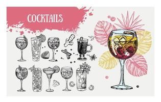 modello di progettazione del menu del cocktail. cocktail alcolici disegnati a mano. vettore