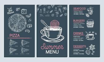 menu estivo, design del modello. volantino alimentare. stile disegnato a mano. illustrazione vettoriale. vettore