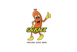 personaggio della mascotte del fumetto della salsiccia di sorriso divertente per il vettore di progettazione del logo del prodotto alimentare