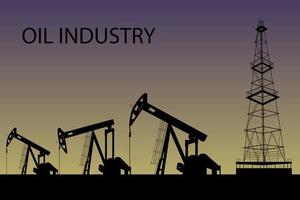 silhouette di impianti di perforazione di petrolio o gas su uno sfondo al tramonto. industria petrolifera. illustrazione vettoriale