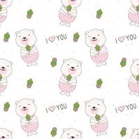 sorridente orsacchiotto con seamless pattern cactuc vettore