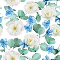 senza cuciture con fiori di rosa canina acquerello bianco. fiori di ortensia blu e foglie di eucalipto. modello vintage con fiori e foglie su sfondo bianco vettore