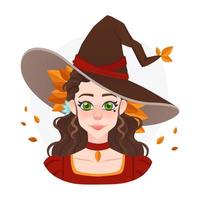 avatar di strega piuttosto autunnale per gioco o pubblicità. ragazza del mago di Halloween con grande cappello e foglie gialle. abito antico vettore