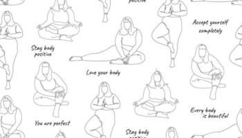 modello senza cuciture con ragazze positive per il corpo su sfondo bianco. ragazze in stile line art che fanno yoga. accettazione di sé, positività corporea. per il tuo tessuto, carta, packaging design. vettore