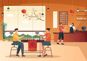 persone che mangiano cibo giapponese nel ristorante con vari piatti deliziosi come sushi su un piatto, rotolo di sashimi e altri in un'illustrazione di cartone animato in stile piatto