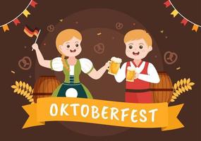 illustrazione del fumetto del festival dell'oktoberfest con costume bavarese che tiene un bicchiere di birra mentre si balla in tedesco tradizionale in un design piatto vettore