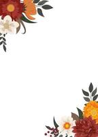 cornice floreale autunnale, modello di invito con fiori e foglie bianchi, bordeaux, arancio dipinti a mano. bellissimo bordo autunnale in stile rustico. disegno dell'invito di nozze. isolato su sfondo bianco. vettore