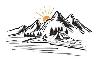 campeggio nella natura, tenda da campo, paesaggio di montagna, stile schizzo, illustrazioni vettoriali. vettore