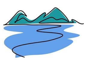 catena montuosa e paesaggio e oceano, sfondo di uno scenario piatto. vista panoramica sulle montagne blu e sul mare. semplice illustrazione della natura di una linea. carta da parati tramonto vettoriale