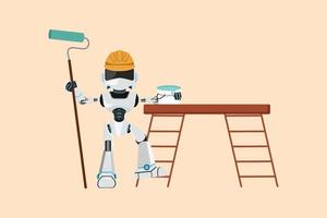 pittore di riparazione robot disegno piatto affari in piedi con pennello a rullo per pittura, secchio, scala. imbianchino. organismo cibernetico umanoide. sviluppo robotico. illustrazione vettoriale di disegno del fumetto