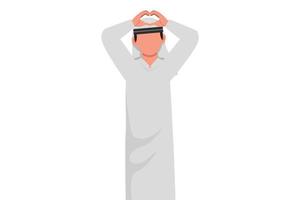 business piatto stile cartone animato disegno uomo d'affari arabo che fa o gesturing il simbolo del cuore con le dita sopra la testa. stile di vita maschile moderno, assistenza sanitaria, concetto di forma d'amore. illustrazione vettoriale di progettazione grafica