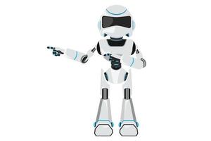 robot di disegno in stile cartone animato piatto business che punta le mani insieme e mostra o presenta qualcosa in piedi. moderna intelligenza artificiale robotica. illustrazione vettoriale di progettazione grafica