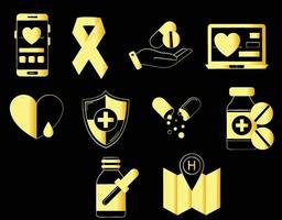 icone di medicina d'oro isolate su sfondo nero vettore